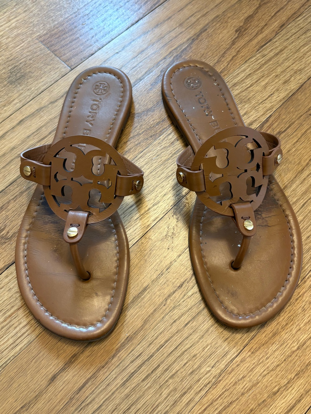 Tory Burch Cognac Leather Logo Thong Sandals